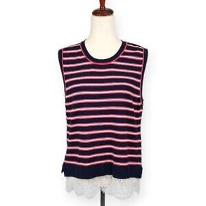 Tommy Hilfiger Sleeveless Knit Top Striped Lace Hem Women's Size Large New
